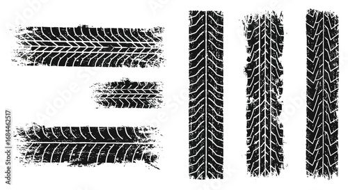 various tire tread patterns displayed in black and white