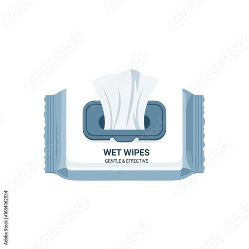 Illustration displaying wet wipes packaging emphasizing cleanliness and hygiene products for daily