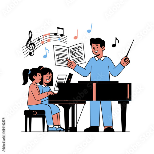 Harmonious lesson: Young students learning piano with a cheerful instructor and musical notes