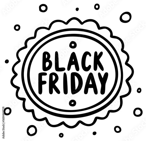 Black Friday hand drawn text in black and white badge with dots, promo holiday design