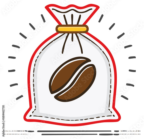Cartoon icon of a shining coffee bag with a coffee bean logo illustration