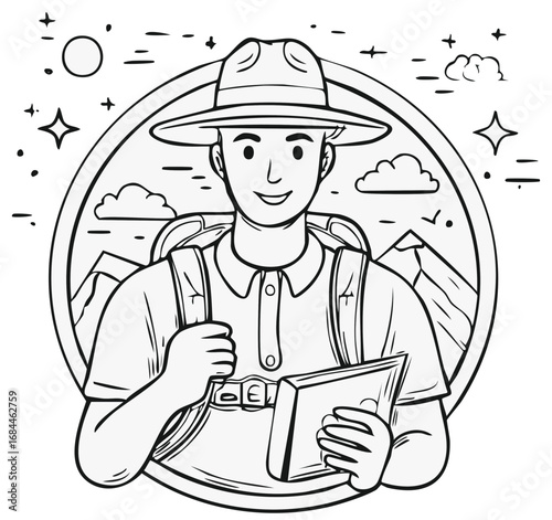 Smiling Male Adventurer in Hat with Backpack Holding Book Ready for Mountain Exploration