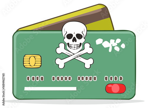 Cartoon illustration of a credit card with skull and crossbones representing fraud.