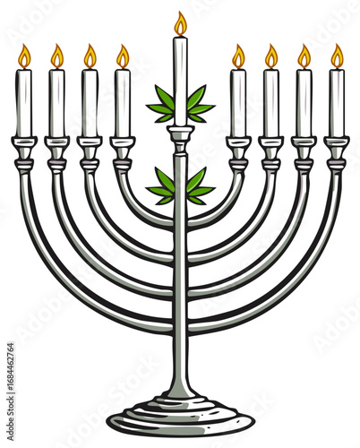 Menorah with Cannabis Leaves Celebrating Holiday Season with Candles Burning Brightly, Festive Illustration