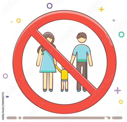 Prohibition Sign Depicting Family Group Inside Red Circle with Diagonal Line