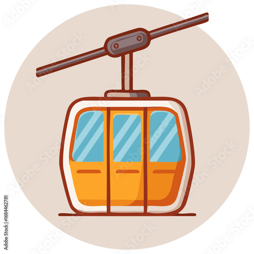 Orange cable car cabin with large windows suspended from a cable in a circular frame