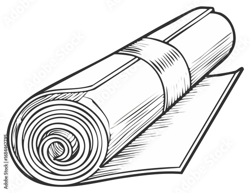 Hand drawn illustration of a rolled up fitness or yoga mat with a strap in vector format