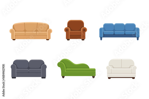 Stylish sofa and couch illustrations, sectional chaise lounge armchair designs, fabric leather upholstery options, contemporary home furniture graphics