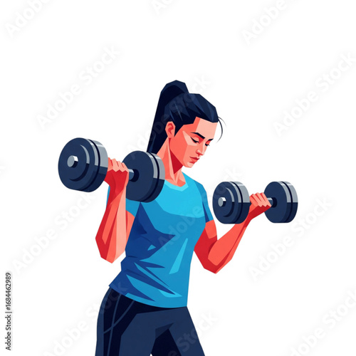 A stylized vector illustration of a woman lifting dumbbells, symbolizing fitness, strength, and a healthy lifestyle.