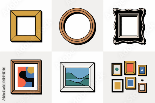 Decorative frame vector collection, circular square ornate wood metal frames, landscape portrait gallery pieces, home wall decor graphics