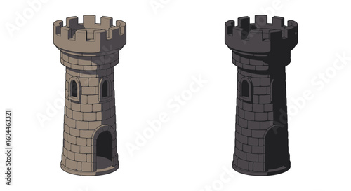 medieval tower structures depicted in solid and outline forms