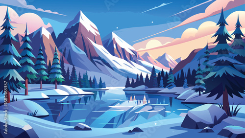 A majestic winter landscape with snow-capped mountains and alpine trees under a clear sky