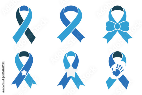 Gradient blue awareness ribbon icons, looped ribbon bow collection, charity support symbols, campaign emblem designs, solidarity graphics