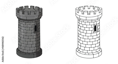 medieval tower structures depicted in solid and outline forms