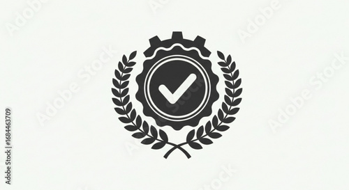 Check mark gear icon vector graphic for success approval and quality control industrial process design
