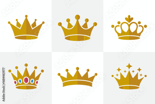 Royal golden crown emblem illustrations, luxurious coronet designs, monarchy headpiece vector set, majestic tiara graphics, classic crown symbols