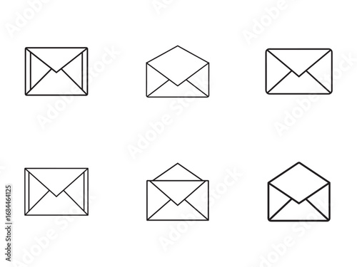 Envelope Outline Icons for Email and Postal Communication Simple Black and White Vector Illustration Six Different Poses