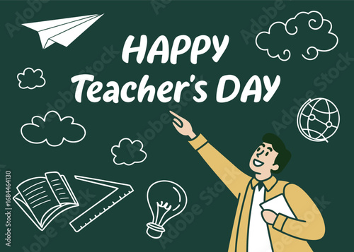 Vector art of happy teacher's day with a teacher pointing at educational icons on a green chalkboard background
