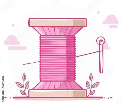 Large pink thread spool and a sewing needle, flat design illustration for needlework and craft