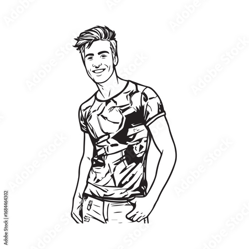 Handsome Man Black and White Illustration Vector Image Male Portrait Fashion Sketch Line Art Design