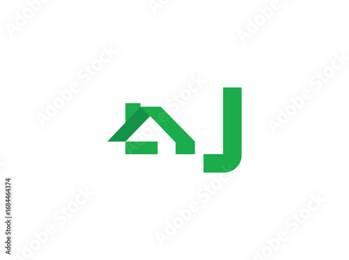 Modern real estate logo design featuring abstract house and roof shapes combined with bold letterforms. Created with clean geometric lines and a green color scheme, the design represents growth, j