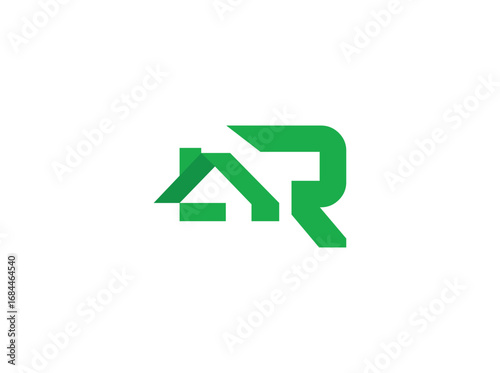 Modern real estate logo design featuring abstract house and roof shapes combined with bold letterforms. Created with clean geometric lines and a green color scheme, the design represents growth, r
