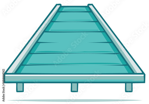 Illustration of a blue wooden boardwalk with parallel planks and light grey supports in a simplified graphic style