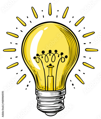 Bright yellow glowing lightbulb cartoon illustration representing new idea and creativity
