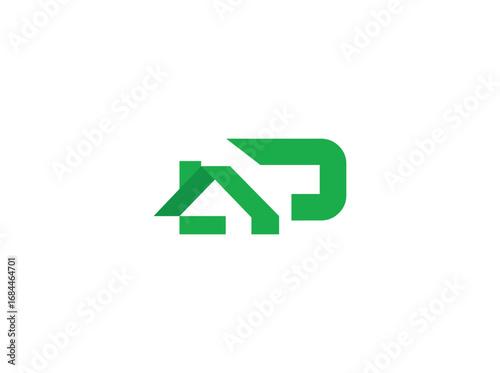 Modern real estate logo design featuring abstract house and roof shapes combined with bold letterforms. Created with clean geometric lines and a green color scheme, the design represents growth, p