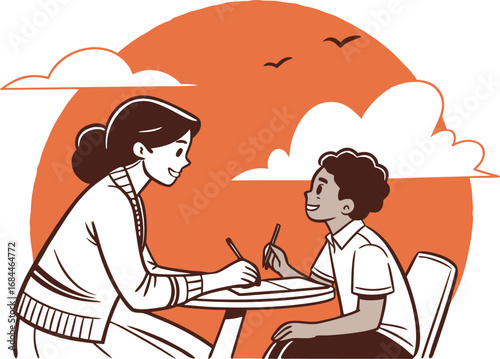 Vector art of teacher and student sitting at a table, drawing together under a large orange sun with clouds and birds