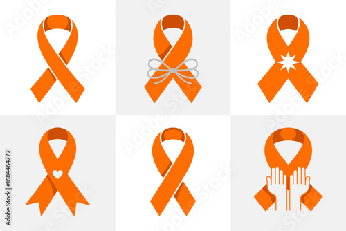 Orange awareness ribbon icons, charity support looped designs, hope solidarity graphics, campaign fundraising symbols, health awareness emblems