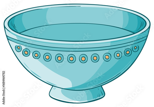 Blue Ceramic Bowl Illustration with Orange Circles Round, Ornate Kitchenware, Cooking Vessel Drawing