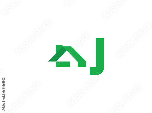 Modern real estate logo design featuring abstract house and roof shapes combined with bold letterforms. Created with clean geometric lines and a green color scheme, the design represents growth, j