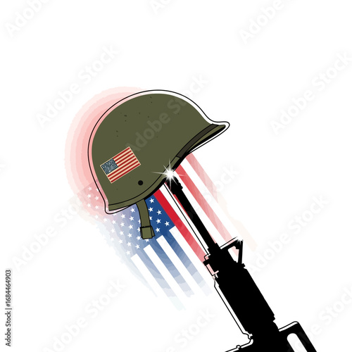 Remembering sacrifices: Symbolic rendering of fallen soldier memorial with helmet and rifle tribute