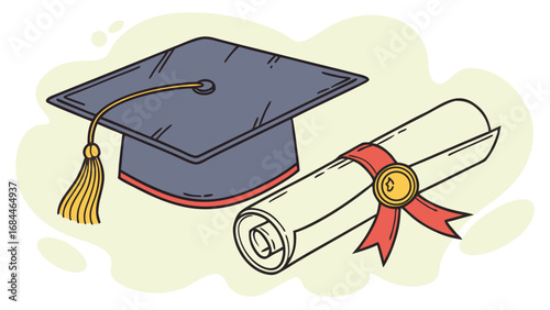 Vector art of graduation cap and diploma scroll with red ribbon, symbolizing academic achievement and educational success
