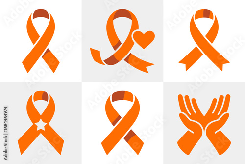 Charity orange ribbon design elements, health campaign awareness icons, solidarity hands graphics, looped bow variations, hope remembrance set