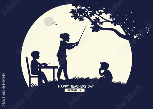 Vector art of silhouette of a teacher instructing two students under a tree with a large moon in the background, celebrating teachers day
