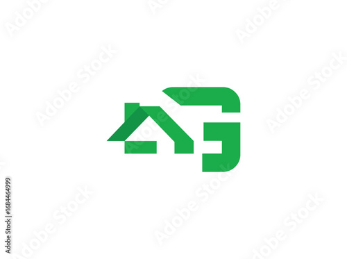 Modern real estate logo design featuring abstract house and roof shapes combined with bold letterforms. Created with clean geometric lines and a green color scheme, the design represents growth, g
