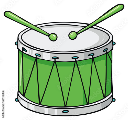 Cartoon illustration of a green snare drum with drumsticks on a white background