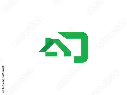 Modern real estate logo design featuring abstract house and roof shapes combined with bold letterforms. Created with clean geometric lines and a green color scheme, the design represents growth, d