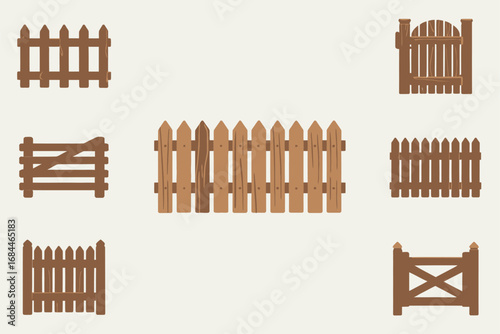 Wooden fence vector illustrations, rustic gate icons, countryside border graphics, garden enclosure elements, outdoor yard design construction set