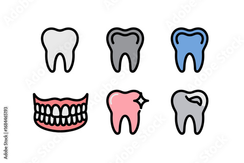 Dental health icons set, tooth illustrations, smiling gums graphics, oral care awareness designs, healthy hygiene vector elements collection