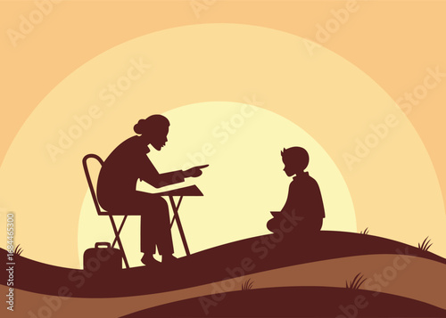 Vector art of teacher instructing a student outdoors at sunset, silhouette of education and mentorship