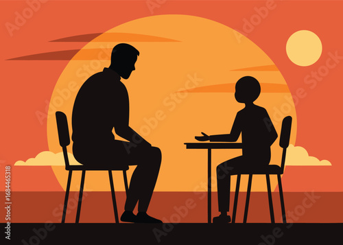 Vector art of silhouette of a father or mentor talking to a child at a table during sunset, representing guidance and learning