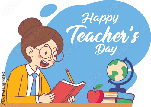 Vector art of happy teacher's day illustration with a teacher reading a book and a globe on a desk, celebrating education and appreciation
