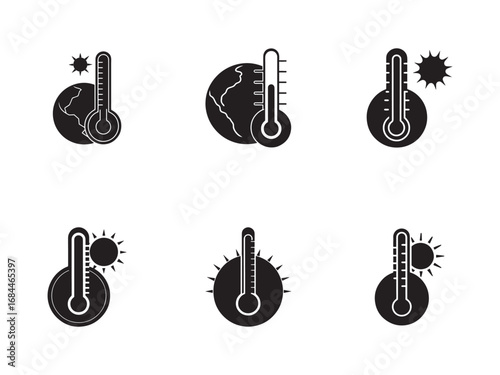 Global warming concept featuring black and white minimalist icons depicting rising temperatures and climate change impacts