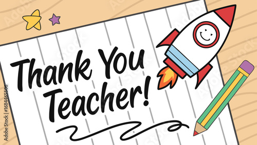 Vector art of thank you teacher text with rocket and pencil illustration on a wooden background