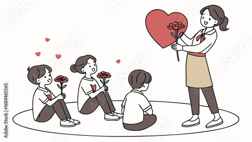 Vector art of a teacher receives flowers from her students, showing appreciation and gratitude in a classroom setting