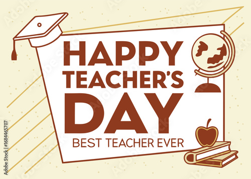 Vector art of happy teachers day with apple, books and graduation cap illustration