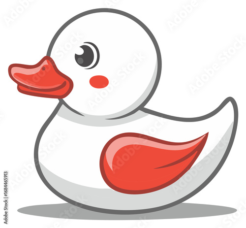 Cute white rubber ducky with red beak and wing. Simple vector illustration of a child's bath toy.